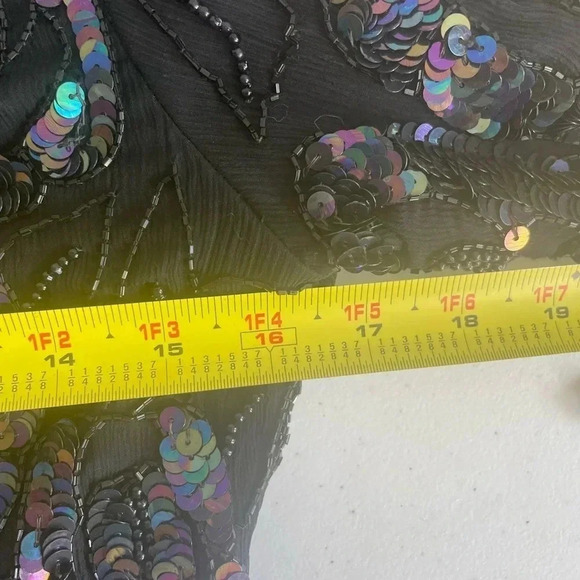 VTG 80’s Laurence Kazar Black Silk Rainbow Iridescent Sequin Rose Mesh Top M 176 - Picture 12 of 15